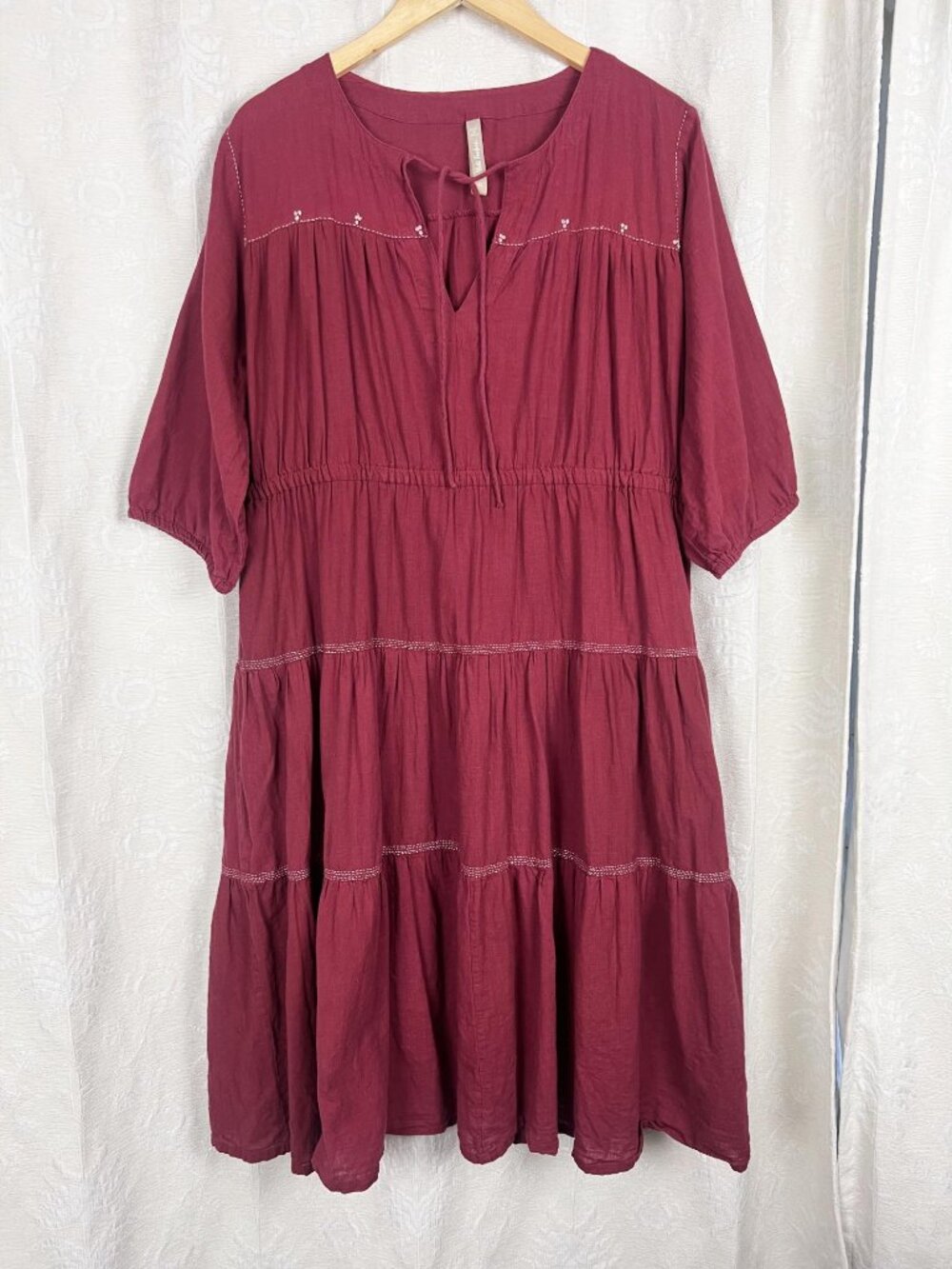 Mata Traders dark red embroidered tiered A-line cotton dress boho cottagecore